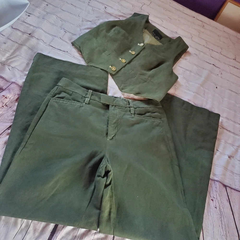 Banana Republic Linen Blend Olive Green Wide-leg Pants Preppy Casual Academia